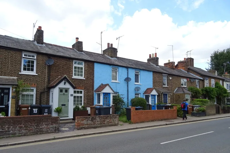 Terraced houses on Rye Street, Bishop's Stortford, with wheelie bins at the boundary. East Herts collects from the boundary only, and crews will not step onto your property
